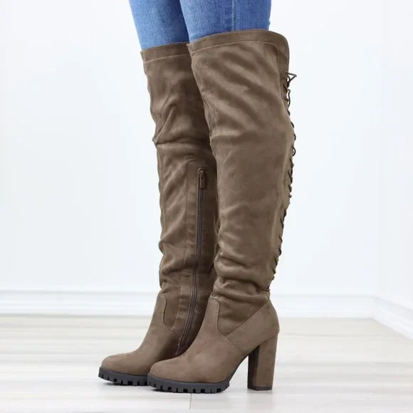Lace-Up Back Taupe Faux Suede Thigh High Over The Knee Lug Block Heeled Boot - Picture 12 of 14